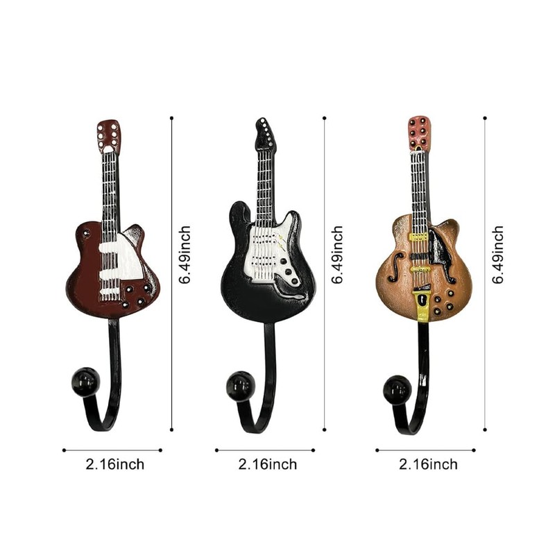 Laroal 3pcs Retro Guitar Shaped Decorative Hooks Wall Mounted Heavy