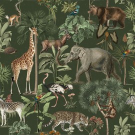 VEELIKE Green Animal Tropical Wallpaper Peel and Stick Jungle Safari Wallpaper for Bedroom Nursery Bathroom 17.7''x354'' Prepasted Removable Forest Wall Paper Green Contact Paper for Cabinets Walls