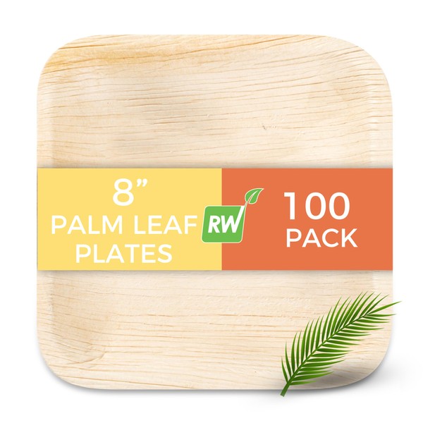 Restaurantware Indo 8 x 8 Inch Square Palm Plates 100 Microwavable Palm Leaf Dinner Plates - Freezable Sustainable Areca Palm Leaf Plates Oven-Ready For Hot & Cold Foods