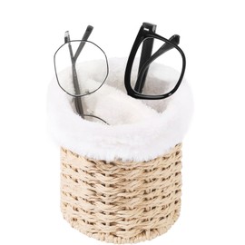 SNOWSTAR Plush Lined Eyeglasses Holder Stand for Nightstand,Boho Protective Eyeglass Holder with Rattan Weaving and 2 Compartments,Glasses Storage Organizer for Table,Desk,Nightstand,Office (beige)