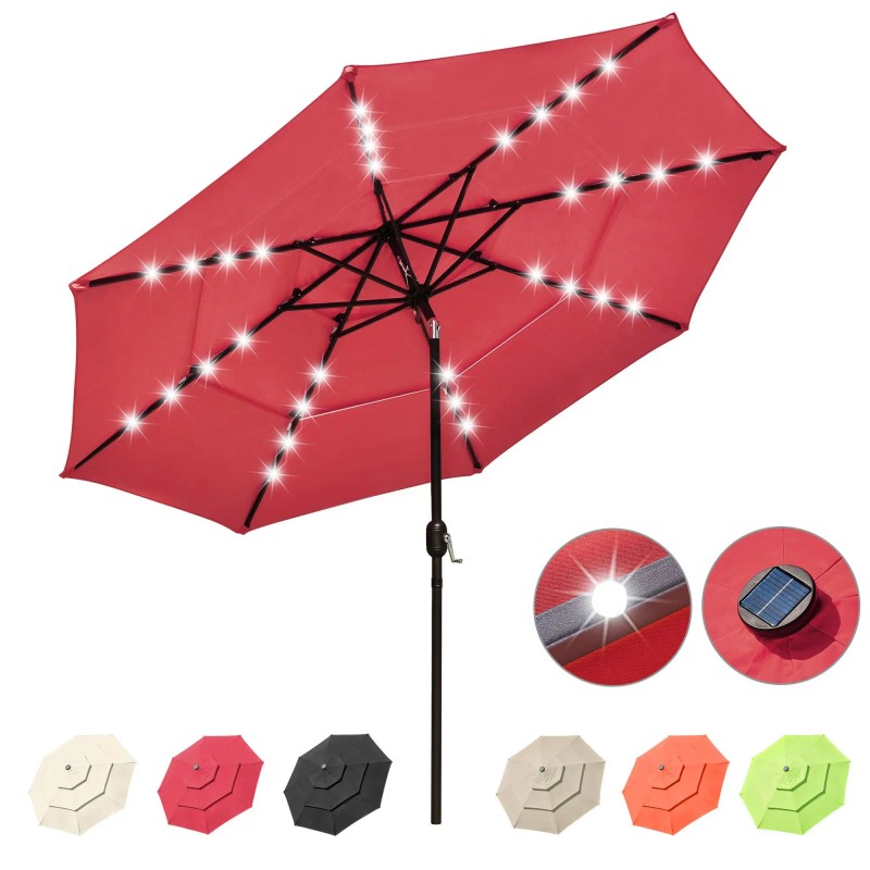 11ft 3-Tier Red Iron Patio Umbrella with 40LEDs Solar Powered