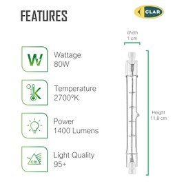 CLAR - Halogen Bulb 80 W R7S 118 mm Dimmable Halogen Rod 78 mm Replacement for Halogen Rods (Pack of 10)