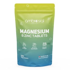 Ambrosial Magnesium & Zinc Tablets – Magnesium Citrate with Zinc Citrate – 160 mg Elemental Mag. + 5 mg Elemental Zinc – Dual Mineral Support – UK Made, Vegan, GMP Certified – 120 Tablets