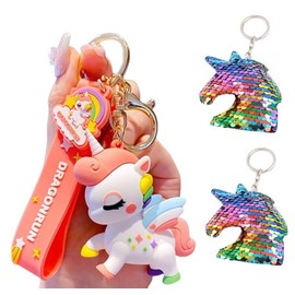 3 x key rings, unicorn key ring pendant, cute key ring for girls, birthday, Christmas gift, cute cartoon unicorn keychain, for kids, gift toy bag, pendant gift