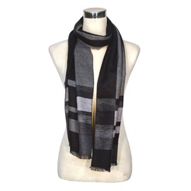 SEABRIGHT SC-S-SD-2108-1 Scarf 100% Silk Flannel Silk Scarf Fluffy Warm Thick Patchwork Black Grey Stripes, Black Grey