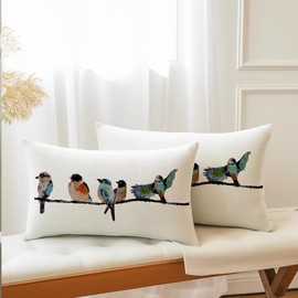 RABUSOFA Watercolor Birds Pillows Decorative Throw Pillows 12x20,Blue Teal Hand-Painted Oil Painting Rustic Birds Lumbar Pillow Cases,Cute Colorfull Spring Decorations for Home Couch Sofa Outdoor