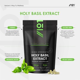 Holy Basil Extract 7500mg – 90 Vegan Capsules – High Strength 15:1 Tulsi Extract – 3 Months Supply – Resealable and Recyclable Pouch – by Alpha01