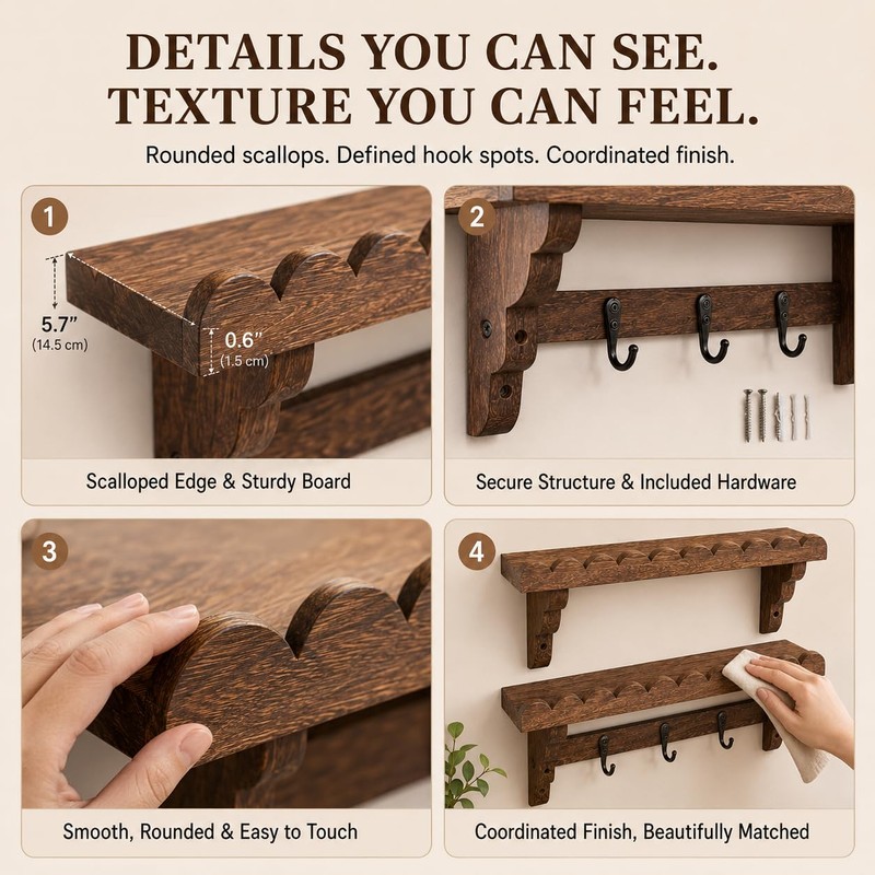 17-Inch Scalloped Rustic Wall Shelves Set of 2, Shelves for