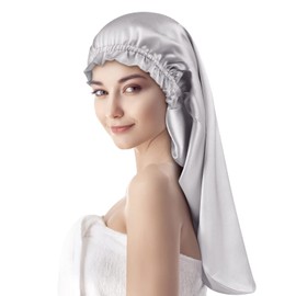 [LULUSILK] Silk Nightcap for Long Hair, 70% Mulberry Silk, 30% Satin, Double Layered Fabric, Tubular Design, No Shedding Until Morning, Hair Cap, Sleeping and Postpartum, Women's Turban, Silver