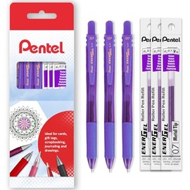 Pentel Energel X BL107 Retractable Gel Rollerball Pens - 0.7mm Nib - Pack of 3 + 3 Refills - in Gift Box - Violet Ink