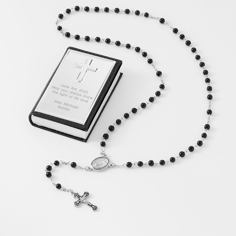 THINGS REMEMBERED First Communion Black Rosary and Engraved Keepsake Box