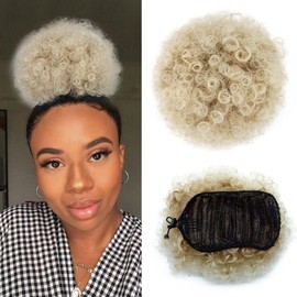Brown Blonde Afro Puff Drawstring Ponytail Kinky Curly High Puff Ponytail Bun Hair Piece Short Clip in on Updo Hair Extensions for Black Women(27/613#)