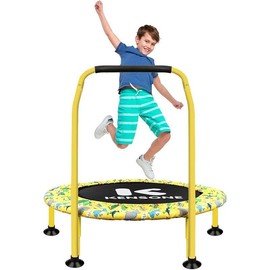 36" Mini Trampoline for Kids, U/T-Bar Indoor Small Recreational Trampoline for Toddlers with Foam Handle and Leg Suction Cups Exercise Active - Style: U-BAR(Yellow)