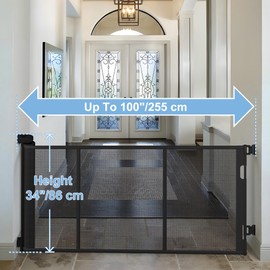 Colbabe 100 inches Retractable Baby Gate, 34 inches Tall Extra Wide Mesh Safety Gate for Open Floor Plans, Wide Doorways, Baby and Pet Barrier for Indoor Outdoor Use, Black