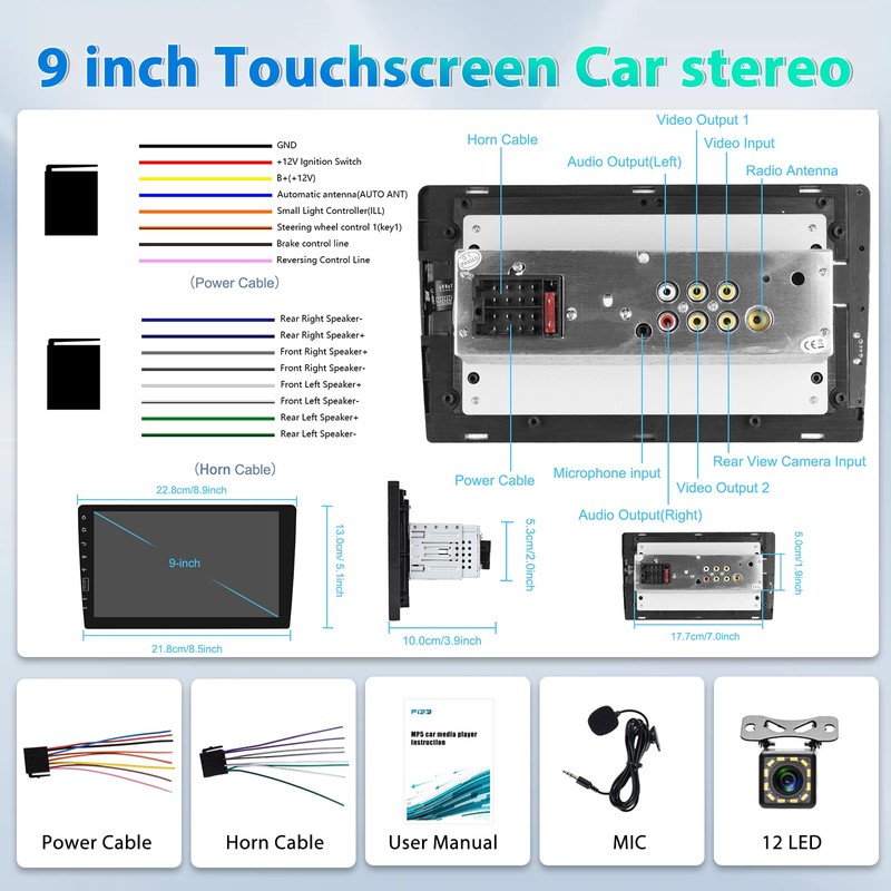 9 Inch Car Stereo Single Din Radio with Wireless Apple