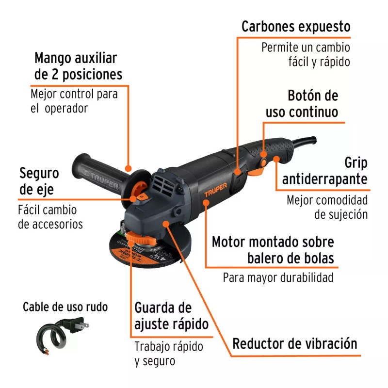 Truper Esmeriladora 4 1/2'' Ind. 1,200 W Truper 12873 Color