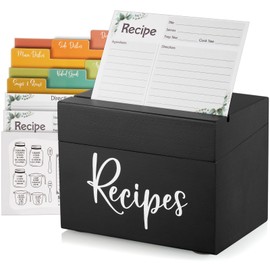 DRASTAR Recipe Box, Wooden Recipe Organizer,Black Recipe Holder Box with 50 Recipe Cards 4"x6" & 6 Dividers, Recipe Book to Write in Your Own Recipes