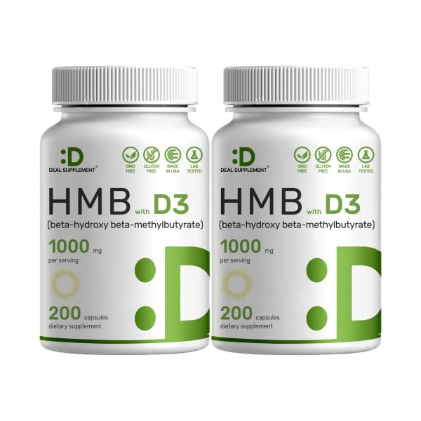 2 Pack of Ultra Strength HMB Supplements 1000mg with Vitamin D3 2000 IU Per Serv, 200 Capsules | Third Party Tested | Supports Muscle Growth, Retention & Lean Muscle Mass - Fast Workout Recovery
