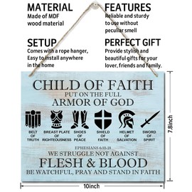 Printed Wood Plaque Sign Wall Hanging, Put on the Full Armor of God Quote Scripture Rustic Child Of Faith Hanging Wall Plaque Wood Signs, Ephesians 6:10-18 Christian Sign A