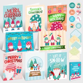 Decorably 16 Pack Foiled 5x7in Gnome Christmas Cards with Envelopes and Stickers, 8 Adorable Holiday Designs Seasons Greetings for Family, Friends & Loved Ones with Printed Message, Gifting, Mailing