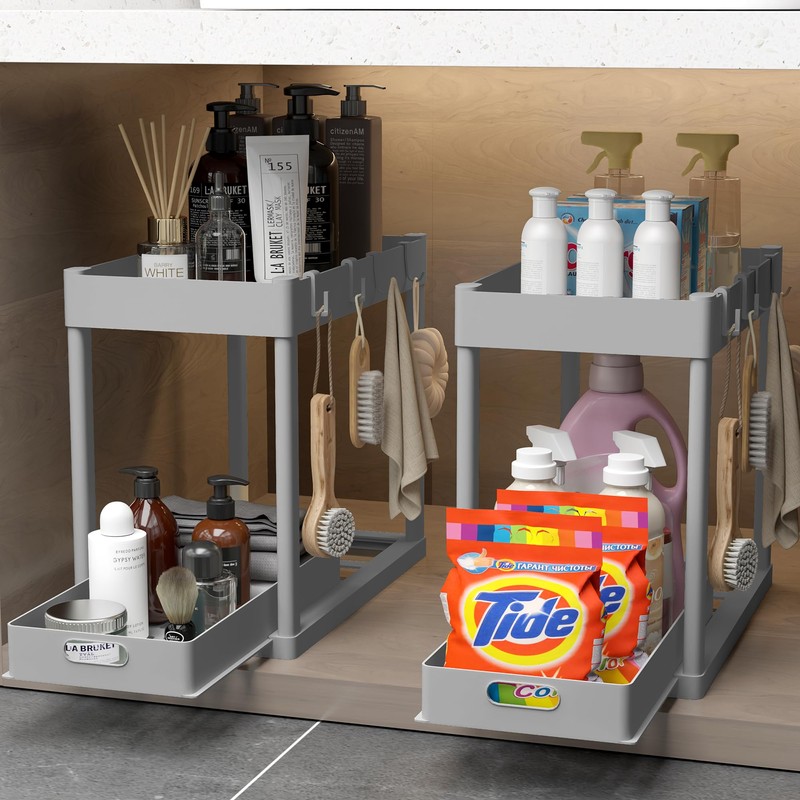 POUGNY 2PC Under Sink Organizer Rack 2 Tier Under Sliding