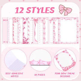Chiisong 12 Pcs Pink Bow Sticky Notes Coquette Bowknot Self Adhesive Notepad Removable Memo Pad Pink Bow Party Supplies for Home Office Decor Birthday Wedding Bachelorette Party Decorations