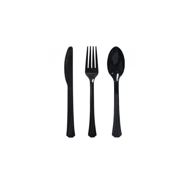 Tiger Chef Plastic Cutlery Set Heavy Duty Colored Plastic Silverware - Includes 16 Forks, 16 Teaspoons, and 16 Knives (Black, 48)