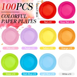 JYUHA 100 Pack Colorful Party Paper Plates, 7 Inch Dessert Paper Plates Round Picnic Paper Plates Rainbow Coloured Paper Plates for Dinner Birthday Party DIY Painting (10 Colors)