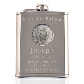 Mens 90th Birthday, Stainless Steel Engraved Hip Flask with Solid Pewter Fly Fishing Feature, Men's Birthday