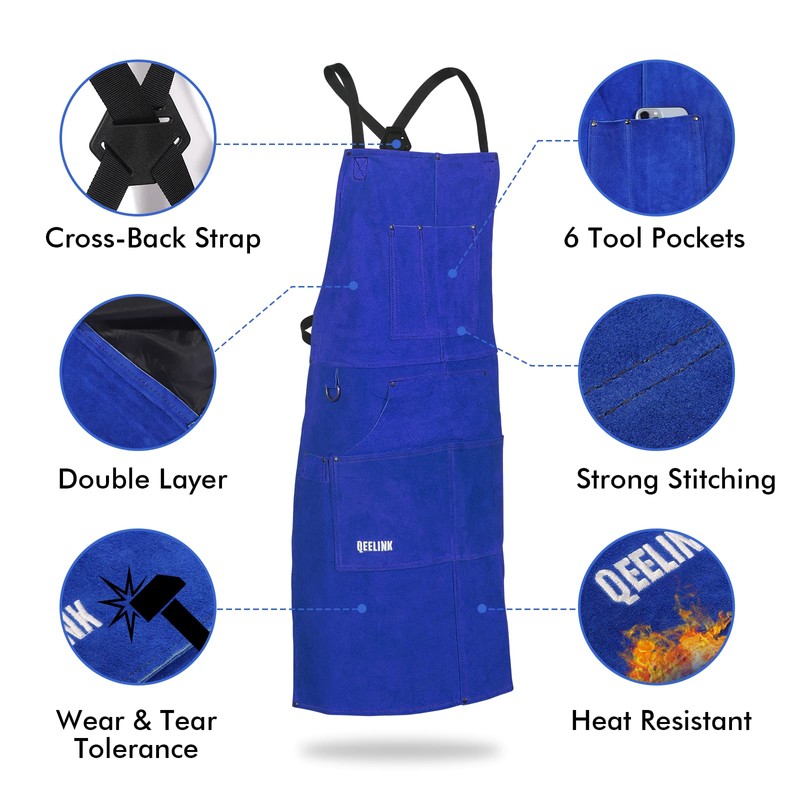 QeeLink Leather Work Shop Apron with 6 Tool Pockets Heat