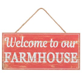 Vintage Red Wooden Sign - 12.5" x 6", Welcome to Our Farmhouse, Distressed Wooden Front Door Decor, Wreath, Home, Kitchen, Porch, Barn, Christmas, Valentine's Day