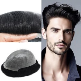 Toupee for Men 0.06mm Ultra Thin Skin Mens Toupee Hairpiece Real Human Hair Replacement Systems All PU V-Looped Man Hair Units 8X10" #1 Jet Black, 100% Light to Medium Density