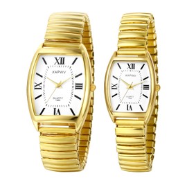 JewelryWe Pair of Watches Analogue Quartz Couple Watch Classic Simple Rectangular Elastic Alloy Bracelet Partner Friendship Watch with Roman Numerals Dial Gold