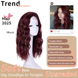 ANNISOUL Short Wavy Wigs for Women 18Inch Bob Wave Wig Middle Part Synthetic Lace Front Natural Hairline Hair for Daily Party Use(Burgundy)