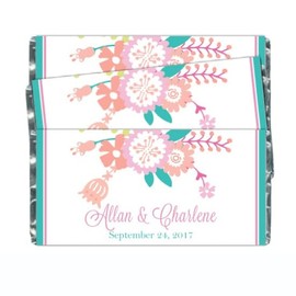 Wedding Candy Wrappers, Pink and Teal Floral Full Size Wrappers, Custom Party Favors, Custom Wedding Favors, Bridal Shower Candy Bar Wrappers (50 count)