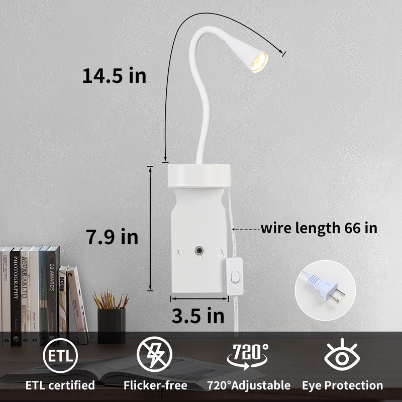 White Headboard Reading Light, No Drilling Wall Mounted Reading Lights