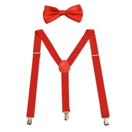 Men's Classic Solid Suspenders Matching Bow Tie Set Braces,for men and women, with 3 Metal Clips (Red)