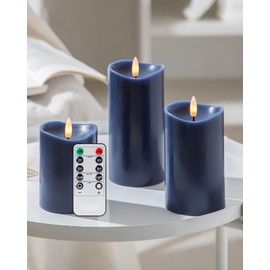 Velsyn Navy Blue Flameless Candles with Remote and Timer, Real Wax Made LED Pillar Candles Battery Operated with 3D Flickering Flame Melted Top, 3" x 4",5",6", Navy Blue Decor, Set of 3