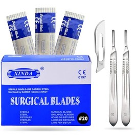MuskalMed Pack of 100 Blades #20, Scalpel Blades for Knife Scalpel, High Carbon Steel Dermablade Blades. Individually Wrapped, Sterile + Free 2 Handle #4