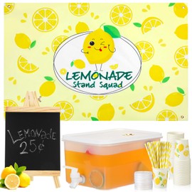 Bokon Lemonade Stand Supplies Include 100 Pcs 9 oz Lemonade Cups with Lids and Paper Straws Lemonade Table Cover Wooden Blackboard and Bucket for Lemonade Stand Decorations