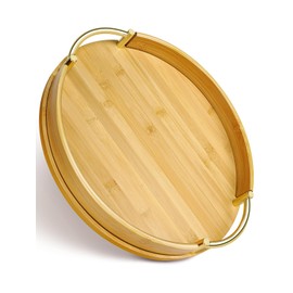 JUPELI 14″ Round Bamboo Serving Tray with Handles – Decorative Tray, Breakfast Tray, Coffee Table Tray, Ottoman Tray, Kitchen Platter for Drinks, Snacks, Vanity, Home Decor & Gifts