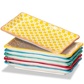 ONEMORE Colorful Rectangular Plates Set of 6-7.5 in Ceramic Salad Plates for Sushi, Dessert - Microwavable, Oven & Dishwasher Safe, Scratch Resistant, Stackable - Assorted Colors
