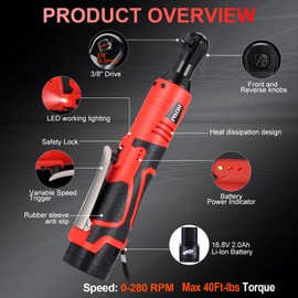 HORMY 3/8" 16.8V Electric Ratchet,Cordless Ratchet Tool Kit,40 Ft-lbs,280 RPM,Equipped with 2 Batteries and 1 Charger,Electric Wrench with Toolbo