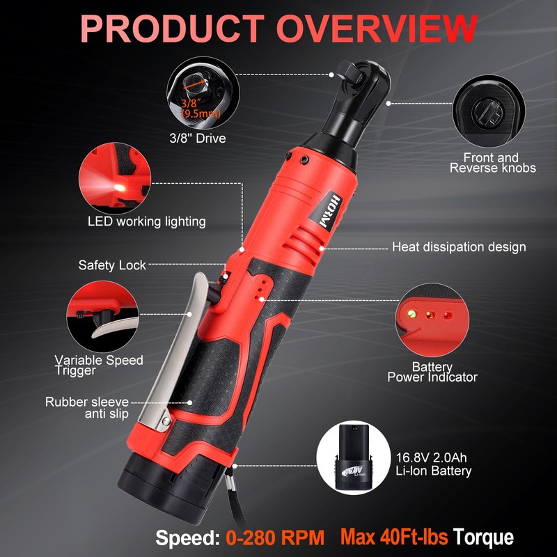 HORMY 3/8" 16.8V Electric Ratchet,Cordless Ratchet Tool Kit,40 Ft-lbs,280 RPM,Equipped