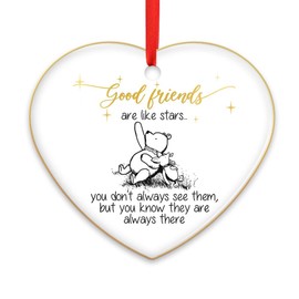 Good Friends are Like Stars Ceramic Ornament – Heart Shaped Keepsake with Cute Bear and Pig – Gift for Best Friend, Soul Sister, Long Distance Friend – Christmas Hanging Decoration 3”