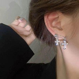 Inilbran Boho Crystal Cross Dangle Earrings Vintage Safety Pin Stud Earrings Silver Religious Cross Drop Earrings Punk Pin Cross Statement Earrings Jewellery for Women and Girls, Zinc