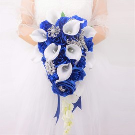 Ansuma White Calla Lily and Rose Cascading Bride Bouquet Waterfall Wedding Flower - Lily Rhinestone Jewelry Brooches and Satin Ribbon Décor (Royal Blue)