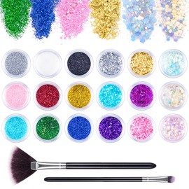 MELLIEX 18Pcs Nail Glitter Powder, Nail Art Sequins Holographic Glitters, Cosmetic Glitters for Nail Art Decorations Makeup Body with Brushes