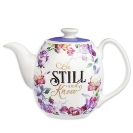 Christian Art Gifts Women's White Ceramic Teapot for One: Be Still and Know - Psalm 46:10 Inspirational Bible Verse, Novelty/Vintage Purple Rose Flower w/Golden Foil for Hot & Cold Liquids, 32 oz.