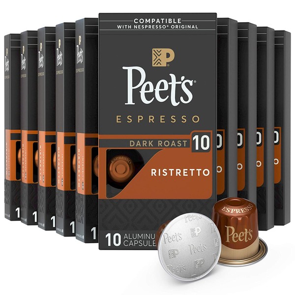 Peet's Coffee Espresso Capsules Ristretto, Intensity 10, 100 Count Single Cup Coffee Pods Compatible with Nespresso Original Brewers